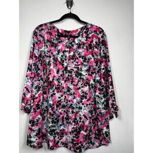 NYDJ Pintuck Blouse Top Black Pink White Sz 2X Floral